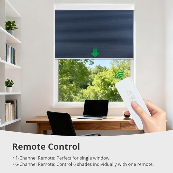 Motorized Cellular Shades with Remote Blackout Honeycomb Smart Blinds Options for Indoor Windows, Remote/Alexa/Matter Compatible, Easy DIY Installation (Blue)