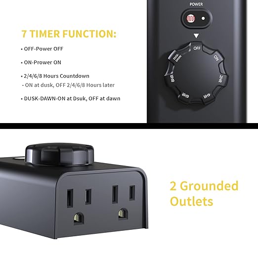 Minoston Outdoor Timer 2 Pack, Dusk to Dawn Outlet With 2 Grounded Outlets, 2-8 Hour Settings for Halloween Christmas Lights, ETL Listed (MP41T)