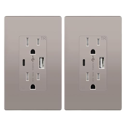 TOPGREENER USB Outlet, 4.2A Type A & Type C USB Wall Outlet, Nickel, 2 Pack | 15 Amp Tamper-Resistant USB Outlets Receptacles, Charging Power Outlet with USB Ports, UL Listed, Wall Plate Included