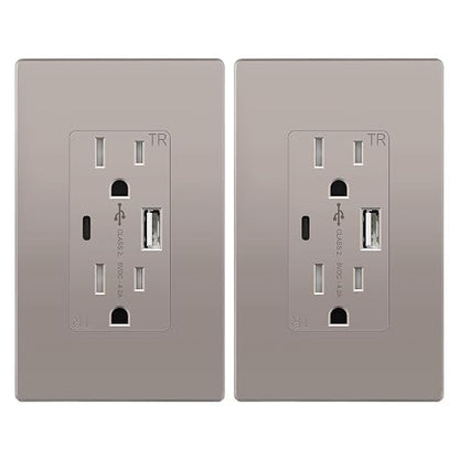 TOPGREENER USB Outlet, 4.2A Type A & Type C USB Wall Outlet, Nickel, 2 Pack | 15 Amp Tamper-Resistant USB Outlets Receptacles, Charging Power Outlet with USB Ports, UL Listed, Wall Plate Included