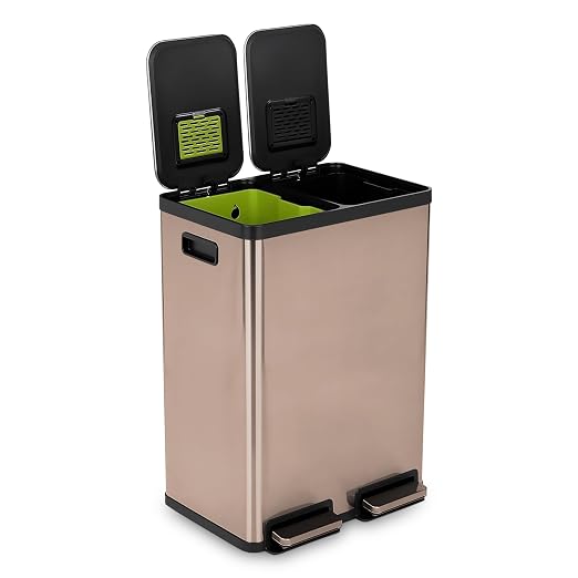 SIMPLI-Magic 60L / 16 Gallon Dual Compartment Kitchen Trash Can - Hands-Free Step Pedal, Soft-Close Lid, Stainless Steel Recycling Bin with Odor Control (30L + 30L)
