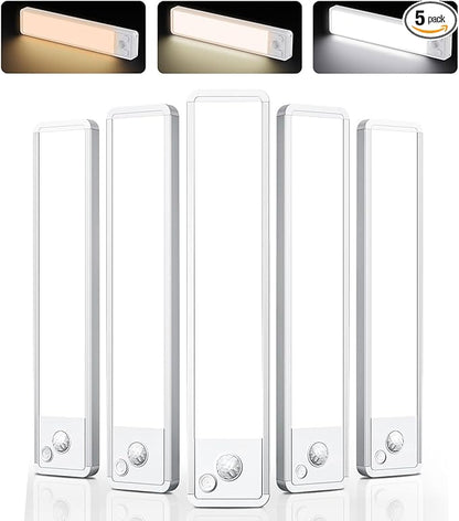 Under Cabinet Lighting: 12 Inch 3-Color Dimmable Rechargeable Motion Sensor Lights Indoor - Battery Operated Lights - Closet Light Magnetic Led Light for Kitchen Home Bathroom Counter 5 Pack