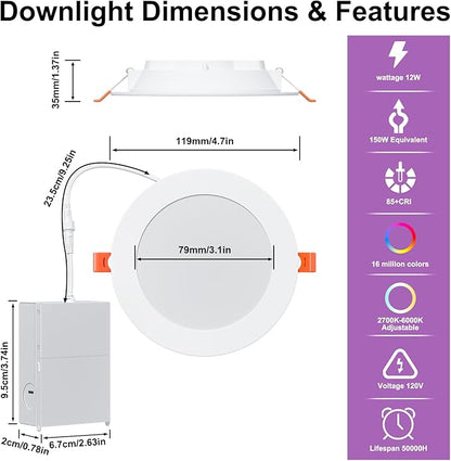 SikSog Smart Recessed Lighting 4 Inch RGBCW Color Changing 12W LED Downlight with Junction Box,1080 Lumen Recessed Ceiling Light Compatible with Alexa,Dimmable by Bluetooth Control -6Pack