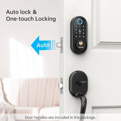 Smart Front Door Lock Set: SMONET Keyless Entry Door Lock Deadbolt with Handle Set Keypad Fingerprint Locks Alexa Electronic Digital Locksets with Bluetooth APP/IC Cards/Auto Lock, Matte Black