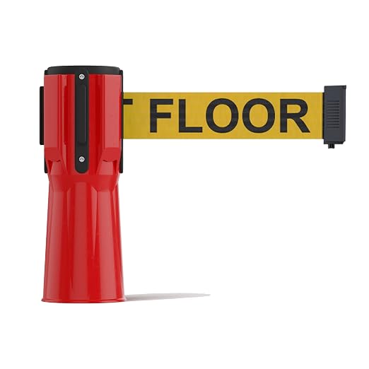 Trafford Industrial 11 ft Cone-Mounted Retractable Belt Barrier Red Case with Yellow with"Caution - Wet Floor" Black Letters Belt