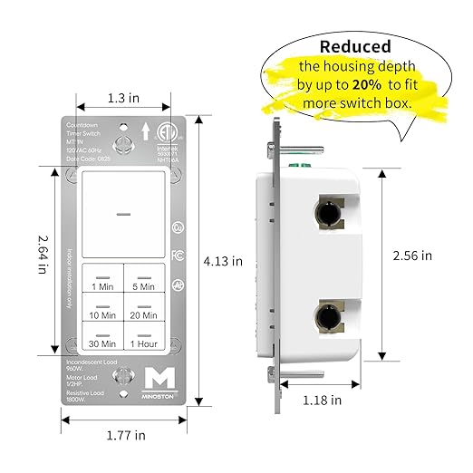 Minoston Timer Lights Switch, 1-60 Min, Countdown Wall Timer for Bathroom Fans, Heaters, Adjustable LED Brightness, 120VAC, Neutral Required, ETL and FCC Listed, White (MT11N)