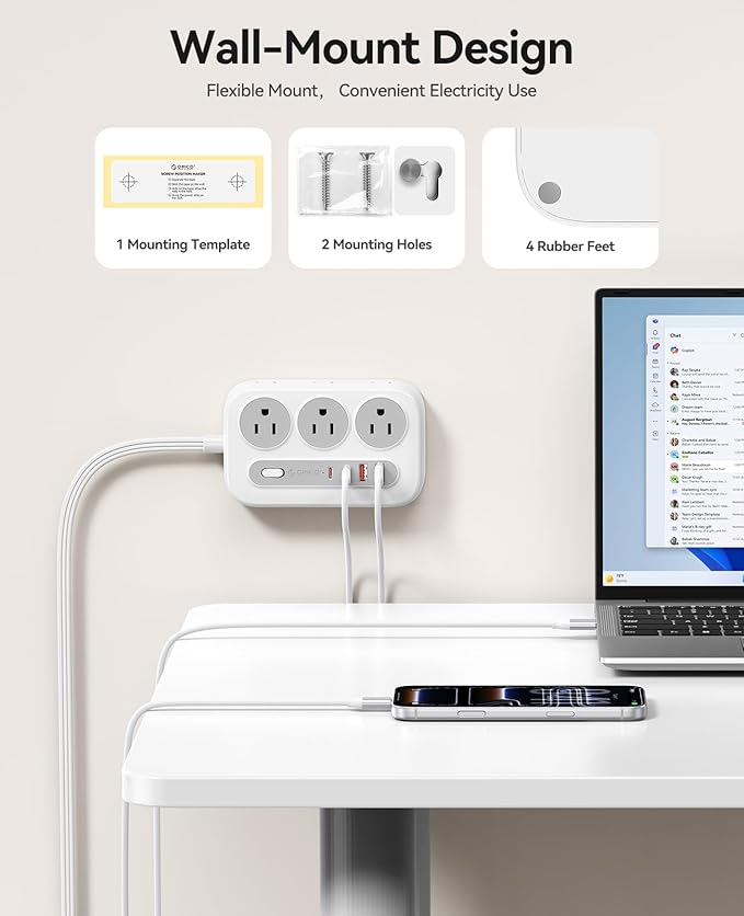 ORICO Surge Protector Power Strip, PD20W Multiple Outlets Extension Cord with 6 AC Outlets and 4 USB Charging Ports (2 USB-C), 45° Flat Plug, 10 Ft Mountable Outlet Extender for Home/Office/Dorm - OG