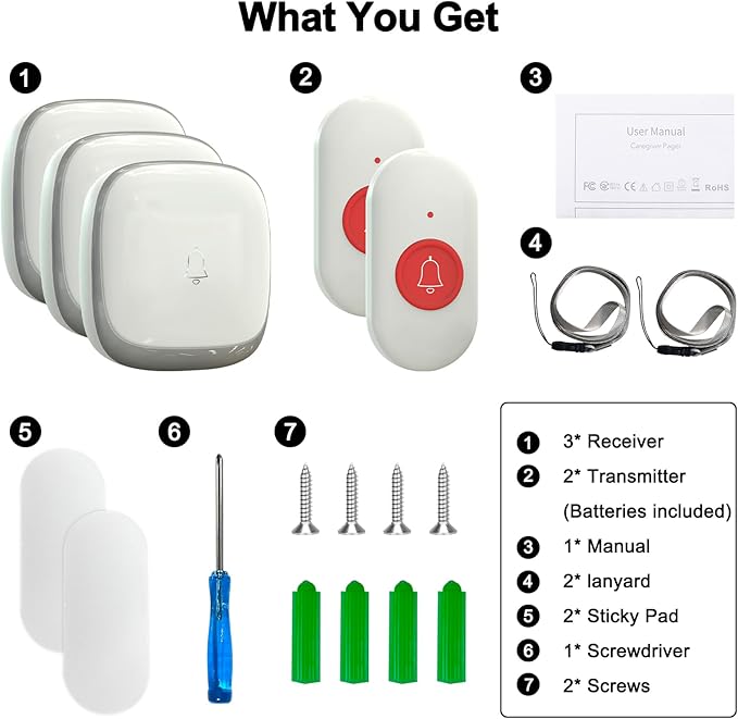 Call Button for Elderly at Home, Caregiver Pager | Fall Alert Devices for Elderly 500+ft for Home/Elderly/Pregnant Women/Disabled, 3 Receivers+2 Transmitters