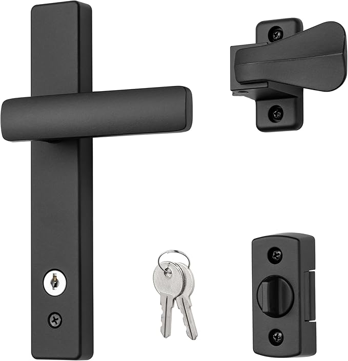 Ideal Security EL Keyed Lever Mount Latch with Deadbolt, Surface Mount Storm Door Handle Replacement, 2 Posts with Tie Down Screw, Matte Black