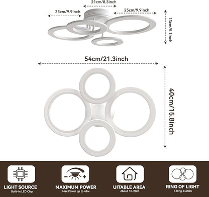 48W 4 Ring White LED Ceiling Light Dimmable for Bedroom Living Kitchen | 2800K-7000K Dimmable, Acrylic Ring Design, Modern Flush Mount Ceiling Lamp ideal for Living Spaces & Small Rooms