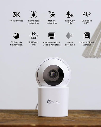3K Indoor Security Camera 360°PTZ Home Baby/Pet Monitor, Auto Tracking,2.4/5GHz WiFi, AI Motion & Sound Detection,2-Way Audio, Night Vision, SD/Cloud Storage, Works with Alexa, No Monthly Fee