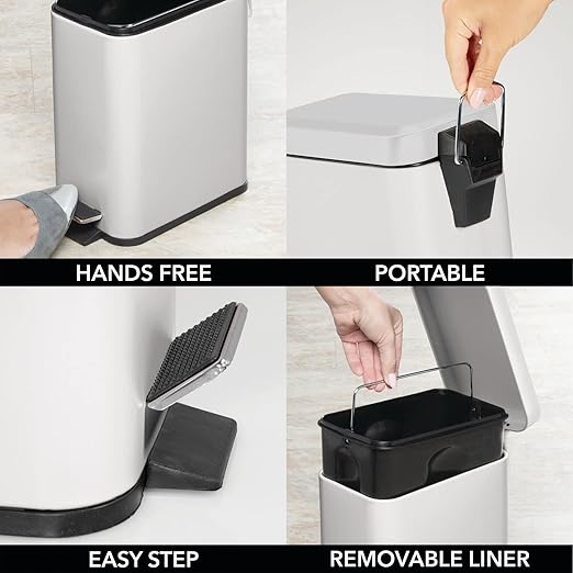mDesign Pedal Bin — Waste Bin with Pedal, Lid and Plastic Bucket Insert Perfect for Bathroom, Kitchen, and Office — Metal Household Rubbish Bin with Ergonomic Design — Light Grey
