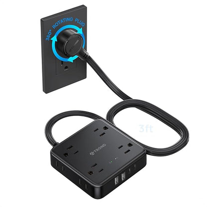 TROND Power Strip, 360° Rotating Flat Plug, 8 Widely Spaced Outlets, 2U2C, Flat Plug Extension Cord 3ft, 1440J Surge Protector, 1625W, Black