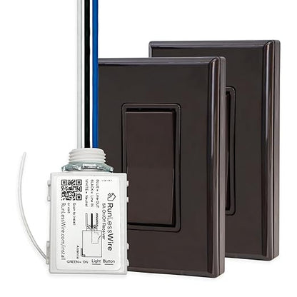 RunLessWire 3-Way Battery-Free DIY Wireless Light Switch Kit 150ft RF Range Self-Powered by Kinetic Energy for Hallways & Stairways: 2 Remote Switches Control 1 5A On/Off Receiver Brown