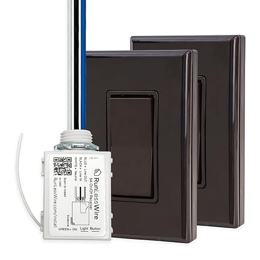 RunLessWire 3-Way Battery-Free DIY Wireless Light Switch Kit 150ft RF Range Self-Powered by Kinetic Energy for Hallways & Stairways: 2 Remote Switches Control 1 5A On/Off Receiver Brown