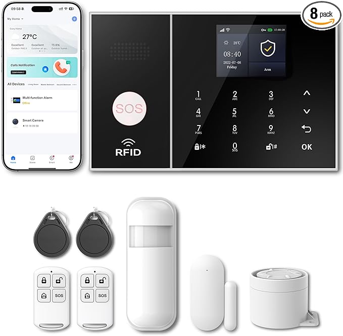 PGST Home Security Systems 8-Piece Kit,Alarm System for Home Security,App Alerts,Door Sensors,Motion Detection,WiFi Alarm,Compatible with Alexa,No Subscription,for Home Security and Kids Safety