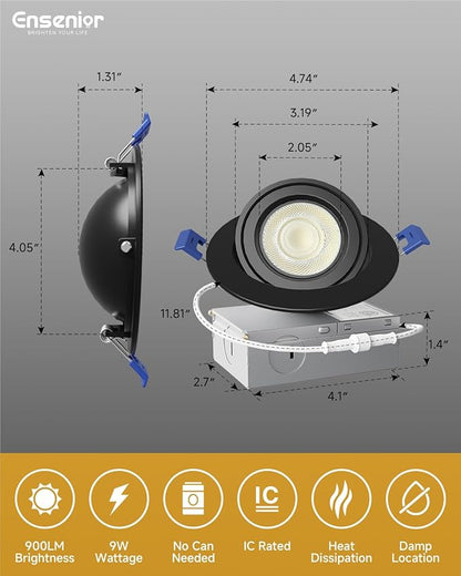 Ensenior 4 Pack 4 inch 5CCT LED Gimbal Led Recessed Light with Junction Box, 360°+90° Adjustable Directional Lighting, Dimmable, CRI90+, 2700K/3000K/3500K/4000K/5000K, 900LM, 10W=85W-ETL&FCC, Black