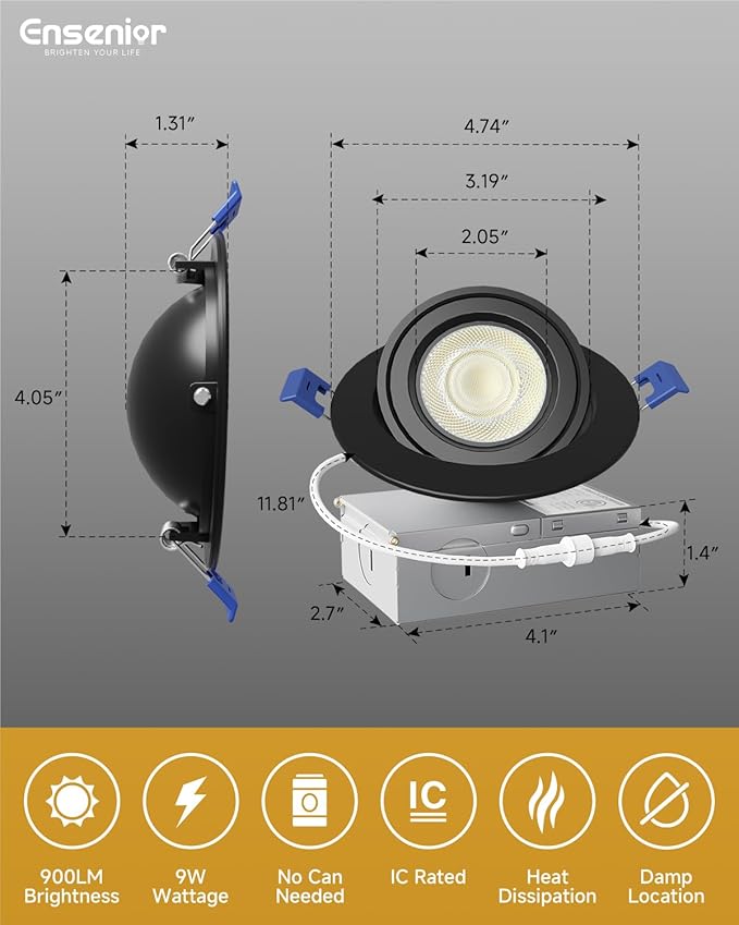 Ensenior 12 Pack 4 inch 5CCT LED Gimbal Led Recessed Light with Junction Box, 360°+90° Adjustable Directional Lighting, Dimmable, CRI90+, 2700K/3000K/3500K/4000K/5000K, 900LM, 10W=85W-ETL&FCC, Black