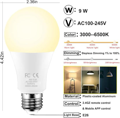 E26 A60 9W Smart LED Bulb with 2.4GHz Remote Control, for Bedroom, Mood Soothing, 60W Equivalent 800lm,Stepless Dimmable 3000-6500K,1 Bulb &1Remote
