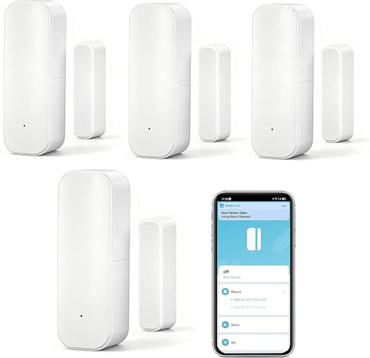 WiFi Door Sensor Window Detector: Smart Window Contact Sensor, Wireless Magnetic Door Open Detector with Free Notification Alerts, Compatible with Alexa Google Assistant (4-Pack)