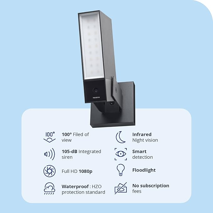 Netatmo Smart Outdoor Security Camera with 105-dB Siren & WiFi | Sends Alerts to Your Smartphone | Floodlight & Movement Detection | Night Vision | Security Without Monthly Fees (White)