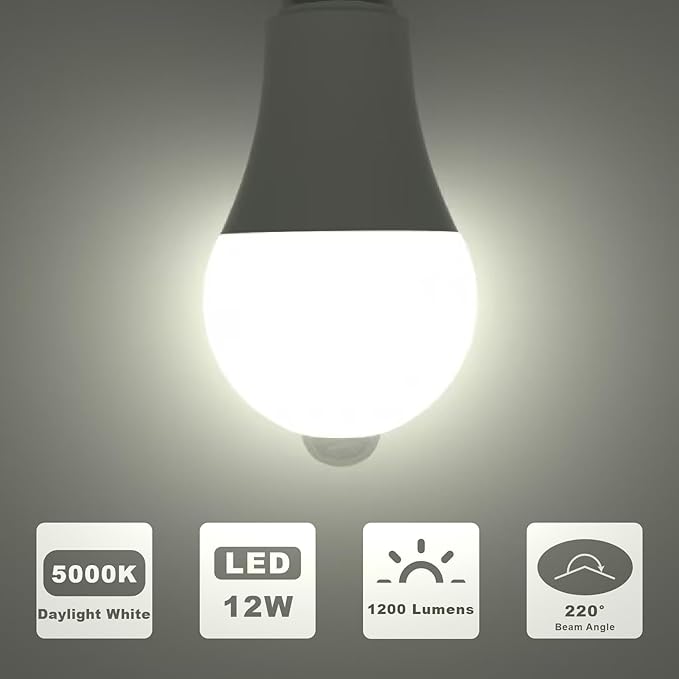 ORALUCE Motion Sensor Light Bulbs Indoor Outdoor 100 watt Equivalent, 12W Motion Activated Light Bulb 5000K Daylight, A19 E26 LED Light Bulb for Garage, Porch, Hallway, Stairs, Front Door, 2 Pack
