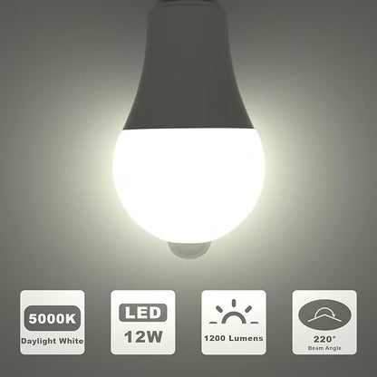 ORALUCE Motion Sensor Light Bulbs Indoor Outdoor 100 watt Equivalent, 12W Motion Activated Light Bulb 5000K Daylight, A19 E26 LED Light Bulb for Garage, Porch, Hallway, Stairs, Front Door, 2 Pack