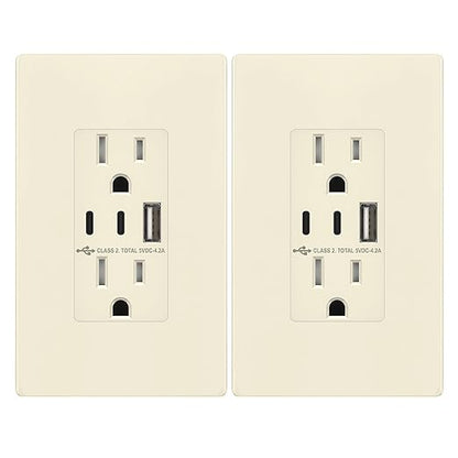 TOPGREENER 4.2A 3-Port Type C USB Outlet, 15 Amp Receptacle Plug, Charging Power Outlet with Dual Type C&A Ports, Screwless Wall Plate Included, UL Listed, TU21542AC2-LASID, Light Almond, 2 Pack