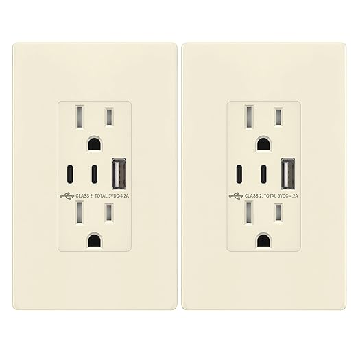 TOPGREENER 4.2A 3-Port Type C USB Outlet, 15 Amp Receptacle Plug, Charging Power Outlet with Dual Type C&A Ports, Screwless Wall Plate Included, UL Listed, TU21542AC2-LASID, Light Almond, 2 Pack