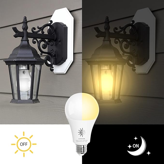 Gonhom 4 Pack Dusk to Dawn Light Bulbs Outdoor, 2700K Warm White, 720LM, 9W(60W Equivalent) A19 E26 Automatic On/Off LED Sensor Light Bulbs, Dusk to Dawn Outdoor Lighting for Porch Garage Patio