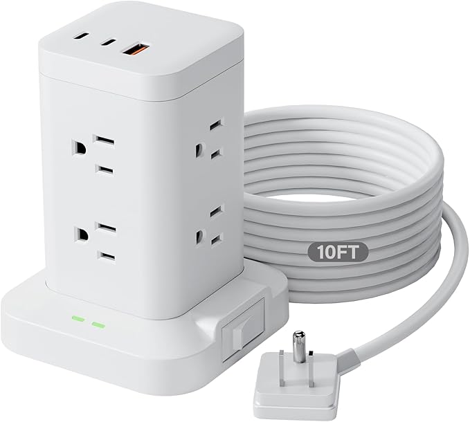 Power Strip Tower with Surge Protector 1800J, Fast Charging Tower PD20W USB-C Ports with 8 AC Outlets, 10ft Extension Cord for Home Office Dorm Room, White