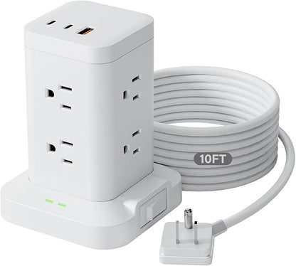 Power Strip Tower with Surge Protector 1800J, Fast Charging Tower PD20W USB-C Ports with 8 AC Outlets, 10ft Extension Cord for Home Office Dorm Room, White