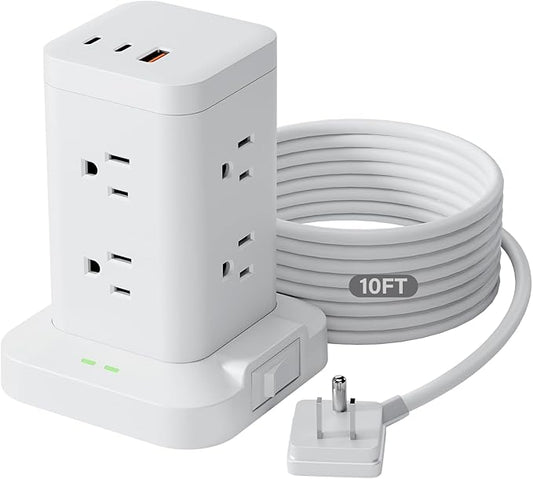 Power Strip Tower with Surge Protector 1800J, Fast Charging Tower PD20W USB-C Ports with 8 AC Outlets, 10ft Extension Cord for Home Office Dorm Room, White