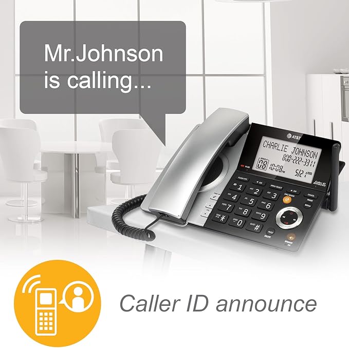 AT&T CL84307 Dect 6.0 Expandable Corded/Cordless Phone with Smart Call Blocker, Silver/Black with 3 Handsets