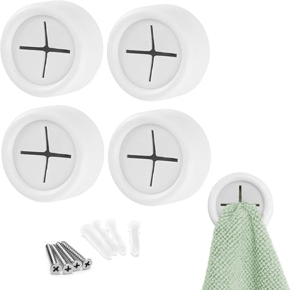 S&T INC. Adhesive Push Towel Hooks, 4 Pack, Matte White | 2 Installation Options, Round Hooks for Kitchen, Bathroom, Garage and Home Use, Organization Hooks, Strong Grip
