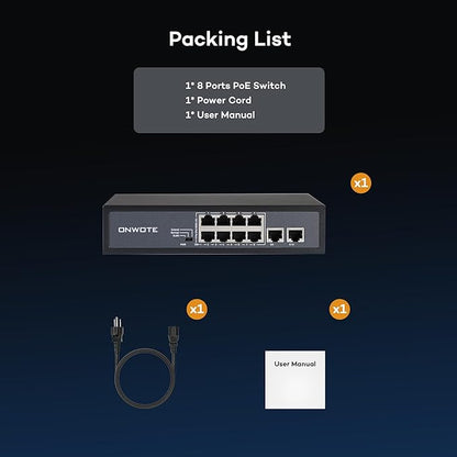 ONWOTE 8 Ports 120W(AC100-240V) Ethernet PoE Switch, 2 x Uplink Gigabit RJ45 Ports, Support 4K 8MP 5MP PoE IP Security Cameras, Add-on PoE Injector to PoE NVR System
