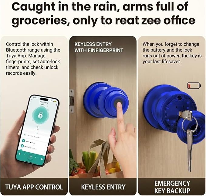 Smart Fingerprint Door Lock Knob, Tuya App Keyless Entry, Blue | Biometric Handle, Auto Lock, Remote Access，Easy Installation