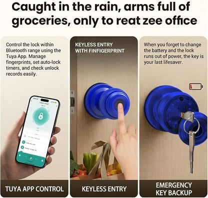 Smart Fingerprint Door Lock Knob, Tuya App Keyless Entry, Blue | Biometric Handle, Auto Lock, Remote Access，Easy Installation