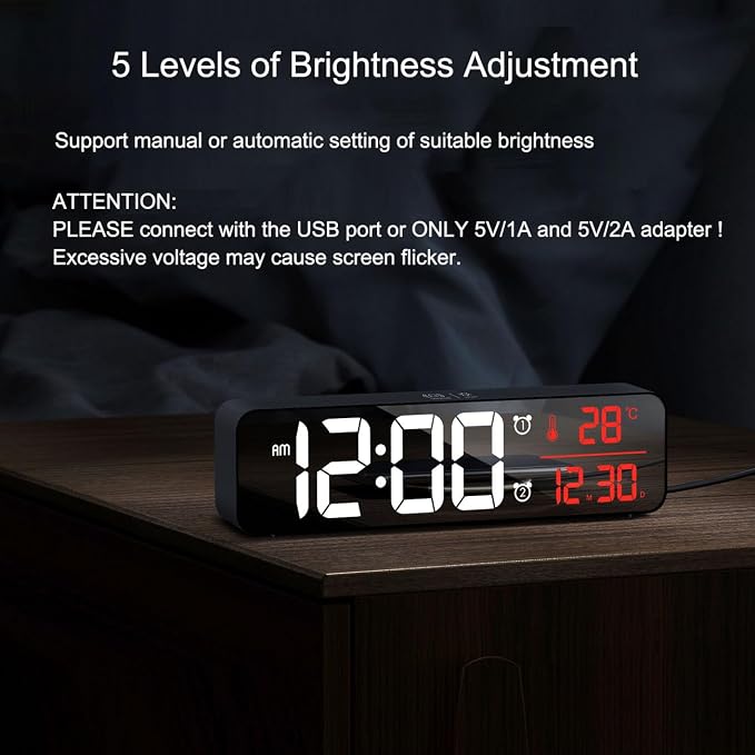 Abovsare Digital Clock for Bedroom, Clocks for Living Room Decor, Desk Table Clock, Alarm Clock Large Display with Date Week Temperature, Automatic Brightness Dimmer, Smart Cool Modern (Red)