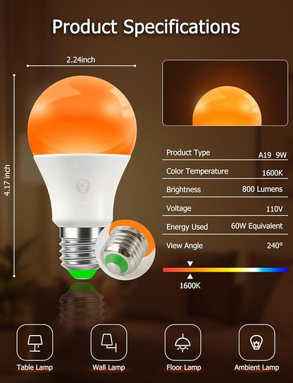 Sleep Light Bulbs Amber 1600K with Remote Control, E26 Blue Light Blocking A19, 9W for Sleep Therapy, Baby Nursery, Bedroom (6 Pack)