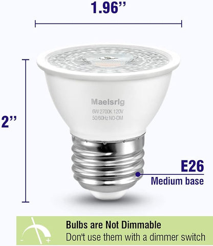 Maelsrlg PAR16 LED Short Neck Recessed Spotlight Bulb, 6W(60W Equivalent) Curio Cabinet Light Bulb, Flicker-Free, 600 Lumens, Soft White 2700K, E26 Medium Base, Non-Dimmable, 4-Pack
