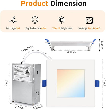 HONZIN Square LED Recessed Lighting 4 Inch, 5CCT Ultra Thin Led Recessed Ceiling Lights 12 Pack, Selectable 2700K/3000K/3500K/4000K/5000K, 9W, IC Rated, Dimmable Square White Trim with Junction Box