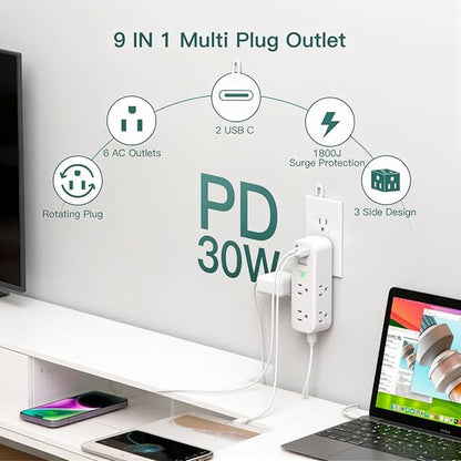 Addtam 30W USB C Outlet Extender Surge Protector, Rotating Plug, 6 AC Outlets Splitter, 4 USB Ports (2 USB-C), 1800J Wall Mount Power Strip, 3-Side Multi Plug for Dorm, Travel Essentials
