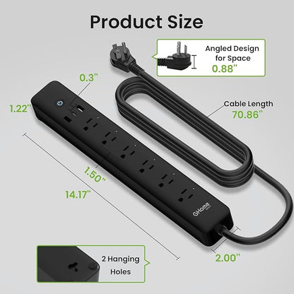 GHome Smart Power Strip 15A, 2.4G WiFi Smart plugs that work with Alexa & Google Home, Surge Protector Flat Plug with 6 APP Control WiFi outlets, FCC Listed, 7.18 Ft flat Extension Cord, No Hub Needed