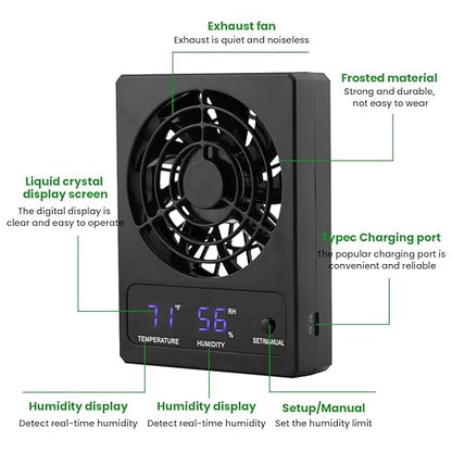 Reptile Ventilation Fan, LED Digital Thermometer and Humidity Gauge Dehumidifier for Pet Rearing Box Reptile Tank, with Humidity Sensor, for Humid Environments, Rainfo-Rest and Ecological Tanks