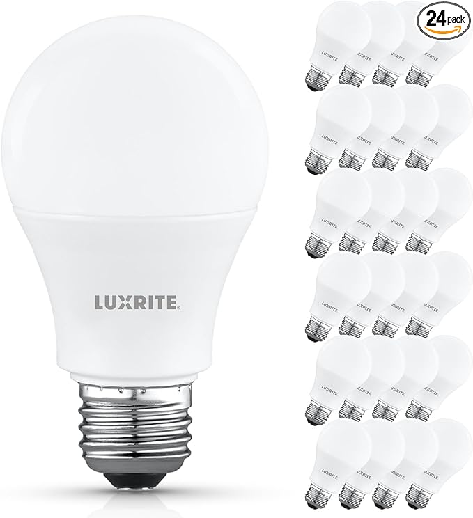 LUXRITE A19 LED Light Bulb 60 Watt Equivalent, Non-Dimmable, 2700K Warm White, 800LM, Standard LED Light Bulbs 8W, E26 Base, Enclosed Fixture Rated, Damp Rated, ETL Listed (24 Pack)