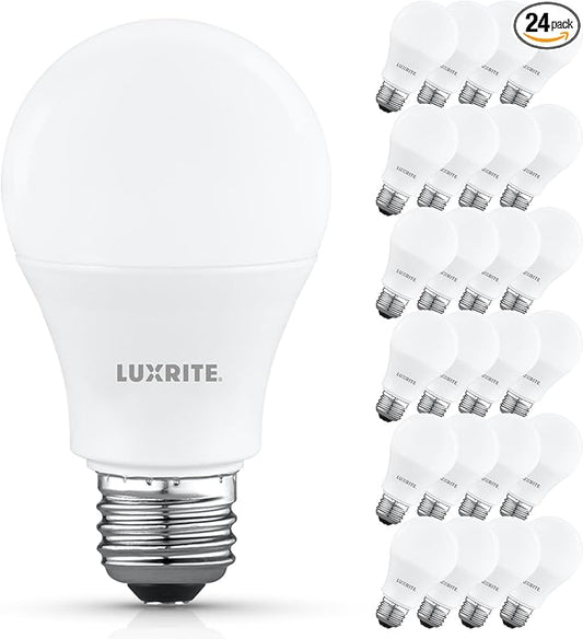 LUXRITE A19 LED Light Bulb 60 Watt Equivalent, Non-Dimmable, 2700K Warm White, 800LM, Standard LED Light Bulbs 8W, E26 Base, Enclosed Fixture Rated, Damp Rated, ETL Listed (24 Pack)