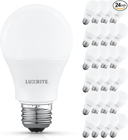 LUXRITE A19 LED Light Bulb 60 Watt Equivalent, Non-Dimmable, 3000K Soft White, 800LM, Standard LED Light Bulbs 8W, E26 Base, Enclosed Fixture Rated, Damp Rated, ETL Listed (24 Pack)