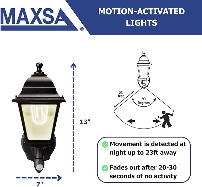 MAXSA 43319 Battery-Run Motion-Activated Outdoor Metal Wall Sconce Black