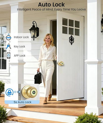 KLLOQUE Fingerprint Door Lock, Smart Fingerprint Door Knob with Lock, Biometric Door Locks with App Control & Key, Keyless Thumbprint Entry Door Locks for Bedroom, Front Door, Home, Apartment-Brass